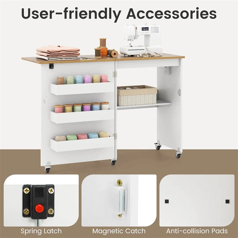 Folding Sewing Table with Charging Station, Rolling Craft Table w/ 3 Storage Trays & Shelf - Product image 10