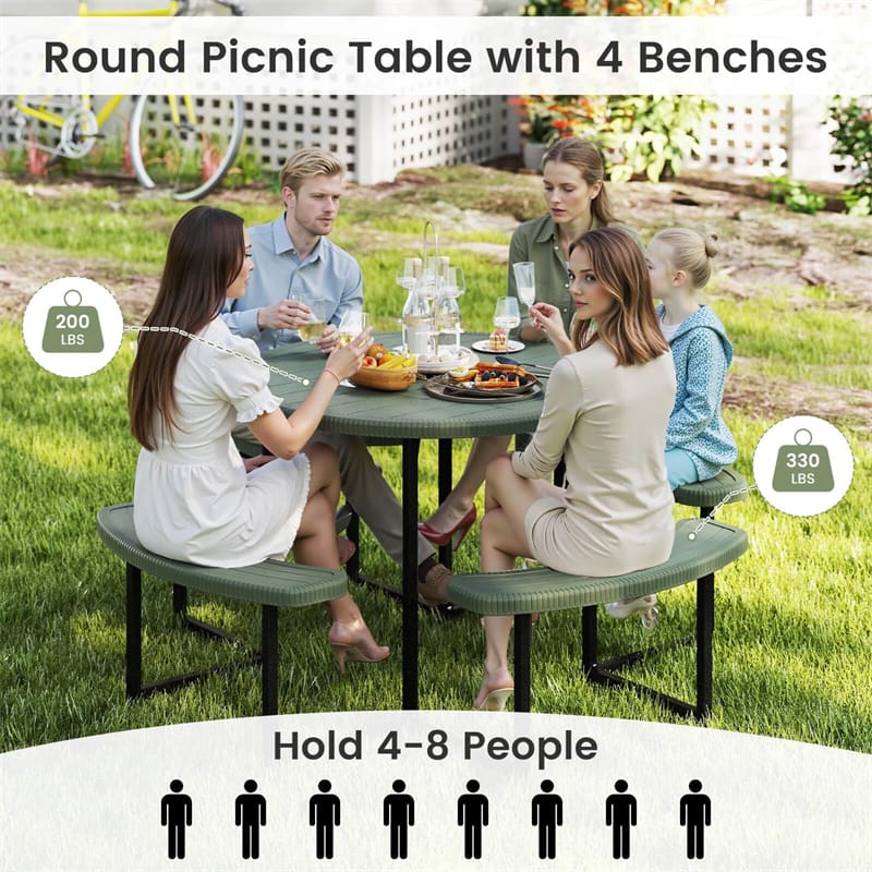 8 Person Round Outdoor Picnic Table Bench Set with Umbrella Hole, All-Weather HDPE Tabletop & Metal Frame - Product image 14