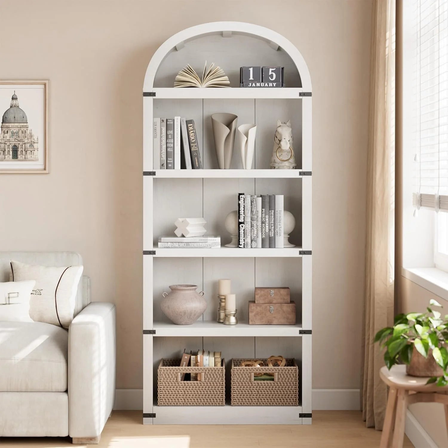Bookcase 5 Shelf Arched Bookshelf 71.65in Tall Bookcase Farmhouse Display Storage Rack Wooden Bookshelves - Product image 4
