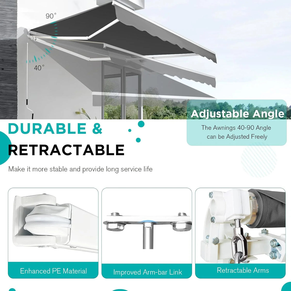 AECOJOY 12'x10' Manual Retractable Awning Sun Shade, Patio Awning Canopy - Product image 3
