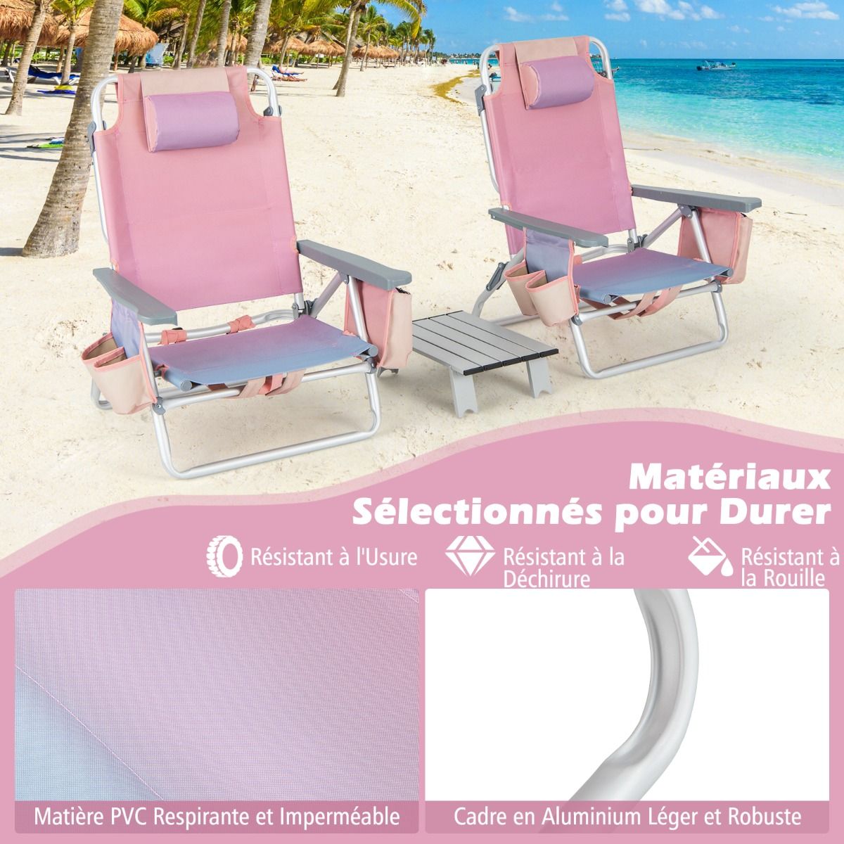 Set of 2 Folding Beach Camping Chairs Aluminum Roll-Up Table Headrest Adjustable Backrest in 5 Positions 6 Colors to Choose From -