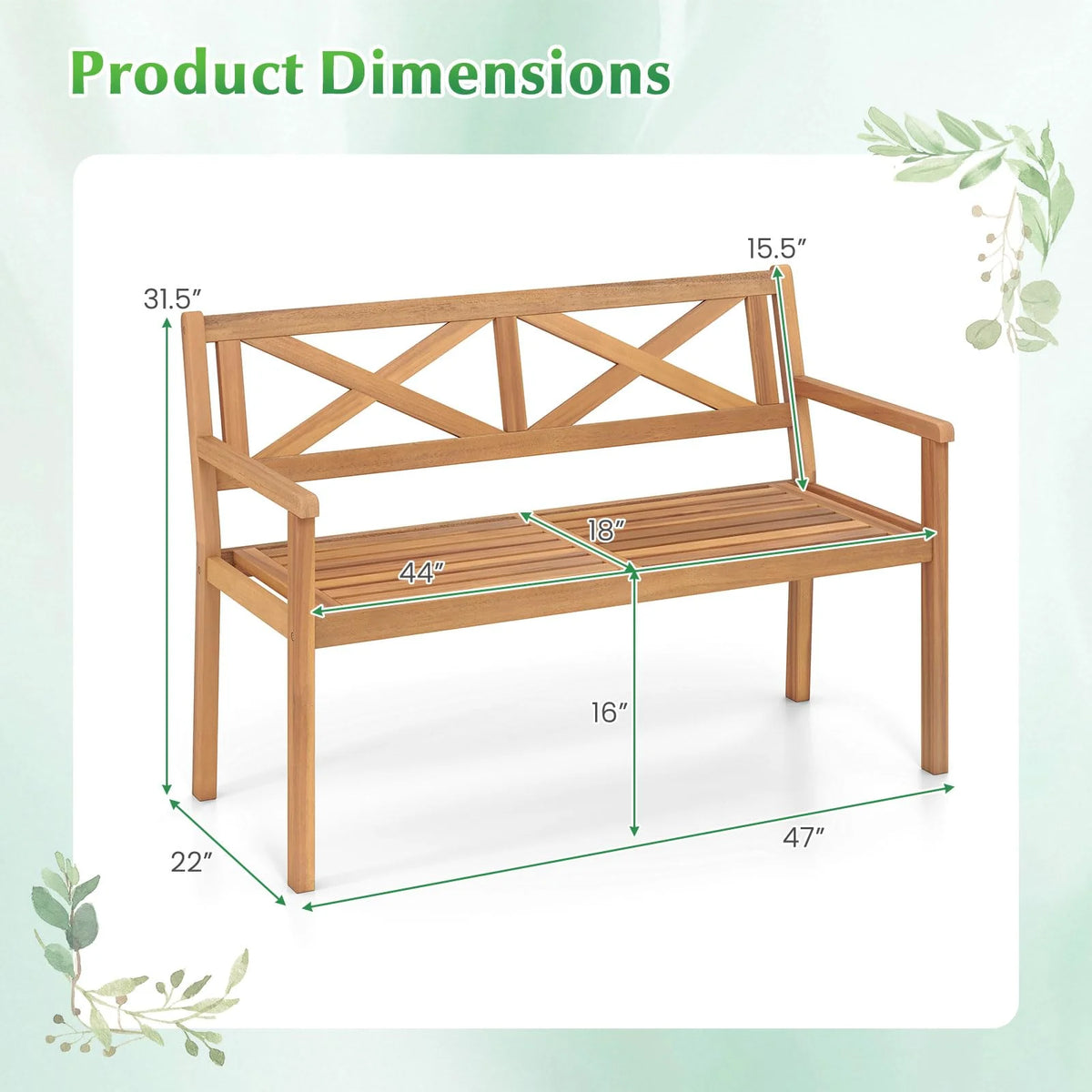 Tangkula Acacia Wood Outdoor Loveseat Bench 2-Person Patio Garden Bench - Product image 3