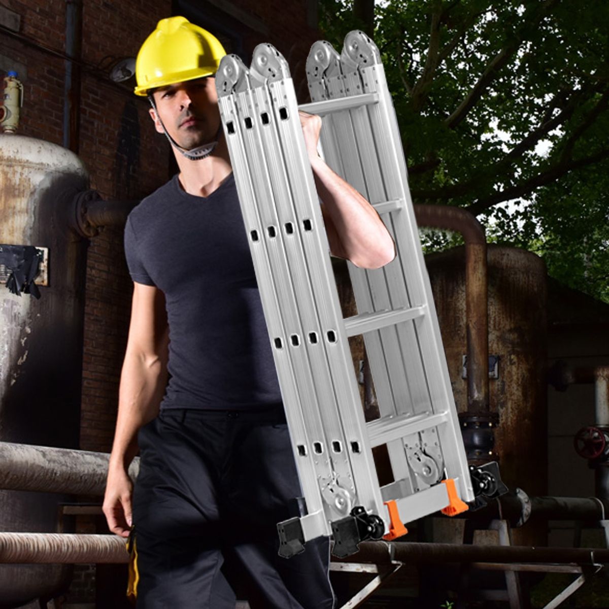 5 in 1 Multipurpose Ladder with 2 Uprights 4 Folds 15 Rungs Foldable and Multifunction Capacity 150kg in Aluminum -