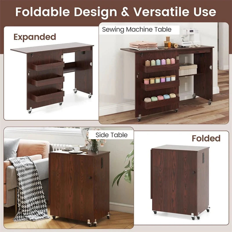 Folding Sewing Table with Charging Station, Rolling Craft Table w/ 3 Storage Trays & Shelf - Product image 21