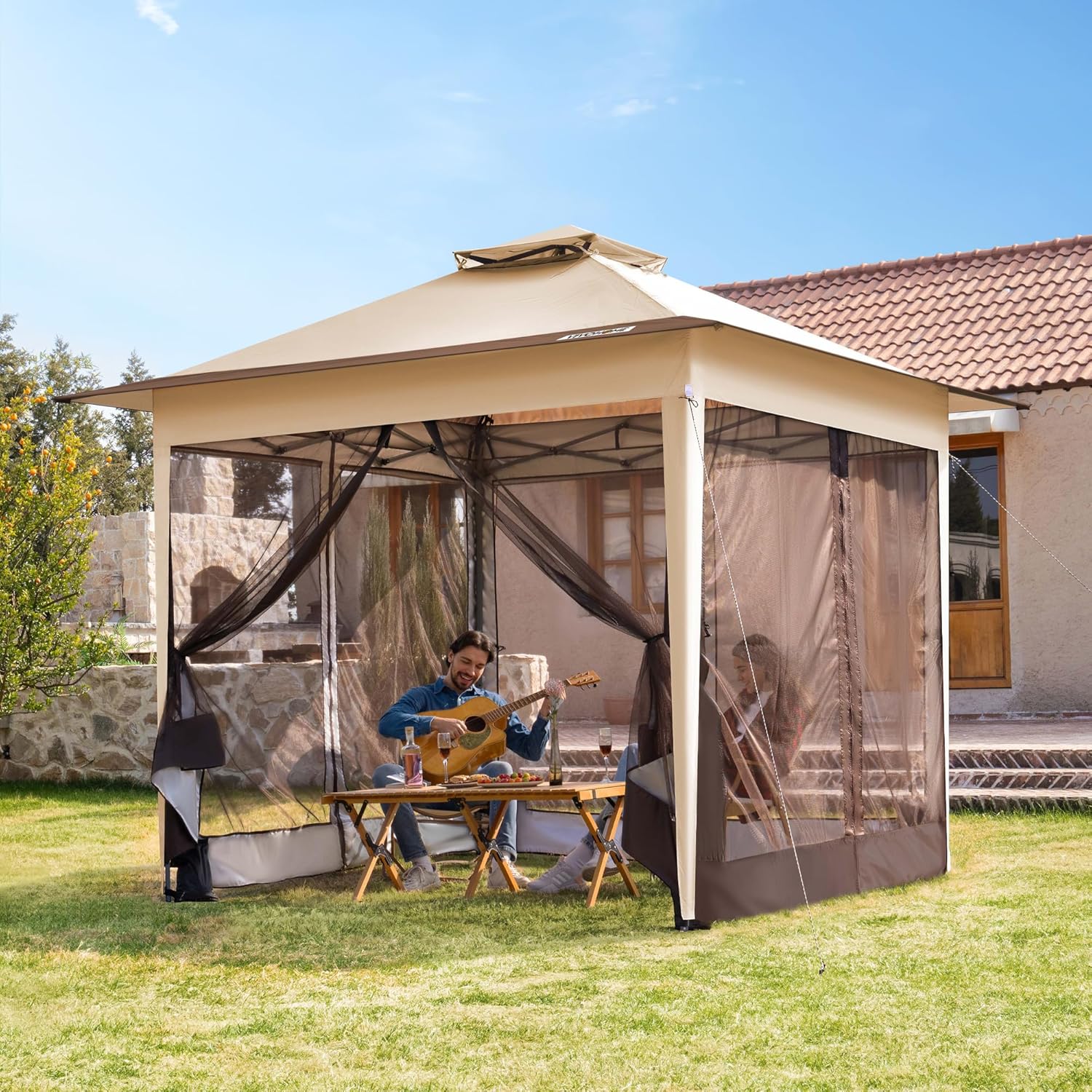 VIVOHOME Screen Tent Portable Water Resistant Folding Gazebo Barnum Garden Gazebo with Mosquito Net 2 Zippered Doors and Rolling Bag (Beige & Brown, 3x3 m)