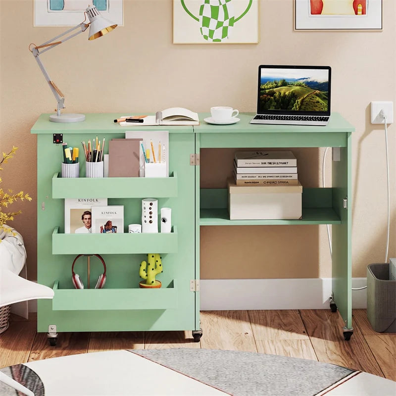 Folding Sewing Table with Charging Station, Rolling Craft Table w/ 3 Storage Trays & Shelf - Product image 49