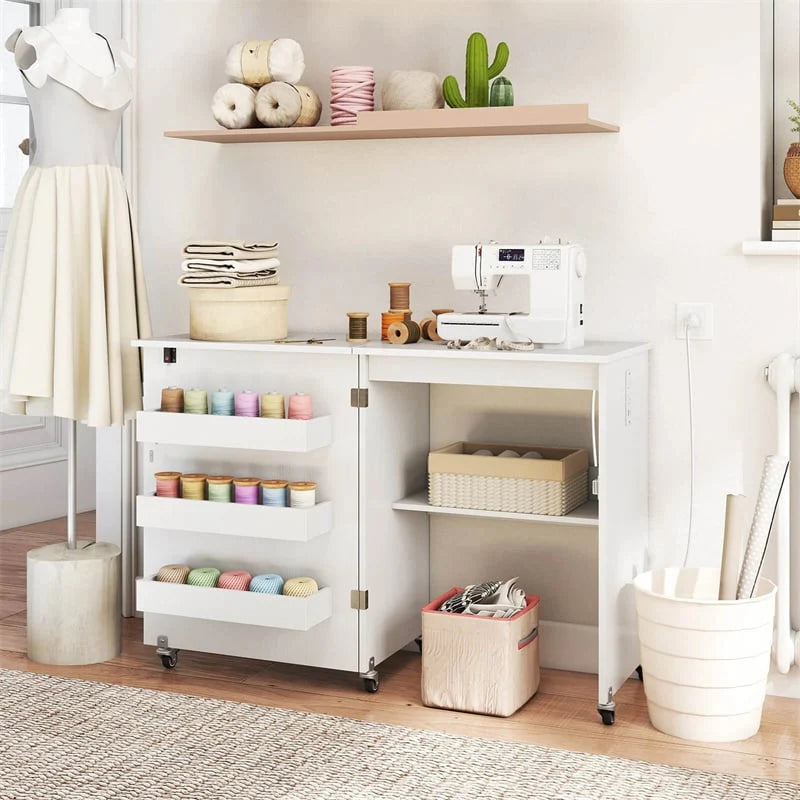 Folding Sewing Table with Charging Station, Rolling Craft Table w/ 3 Storage Trays & Shelf - Product image 25