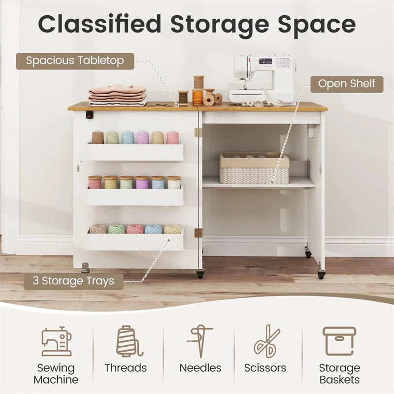 Folding Sewing Table with Charging Station, Rolling Craft Table w/ 3 Storage Trays & Shelf - Product image 4