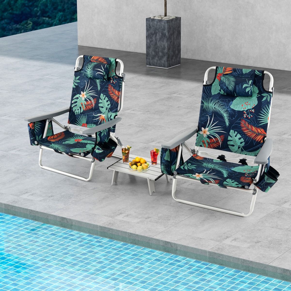 Set of 2 Folding Beach Camping Chairs Aluminum Roll-Up Table Headrest Adjustable Backrest in 5 Positions 6 Colors to Choose From -