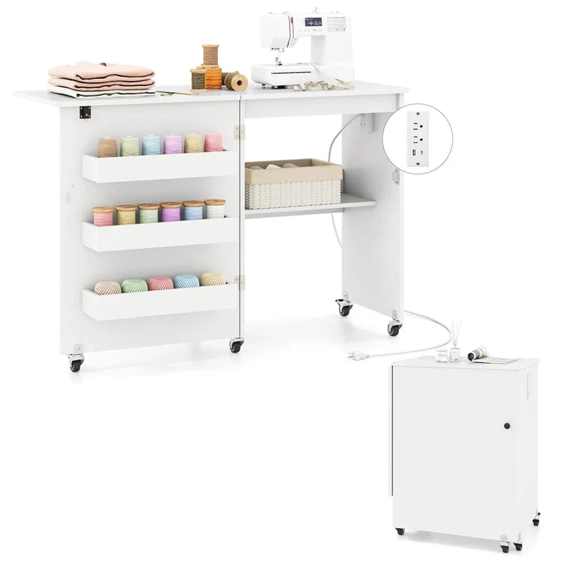 Folding Sewing Table with Charging Station, Rolling Craft Table w/ 3 Storage Trays & Shelf - Product image 24