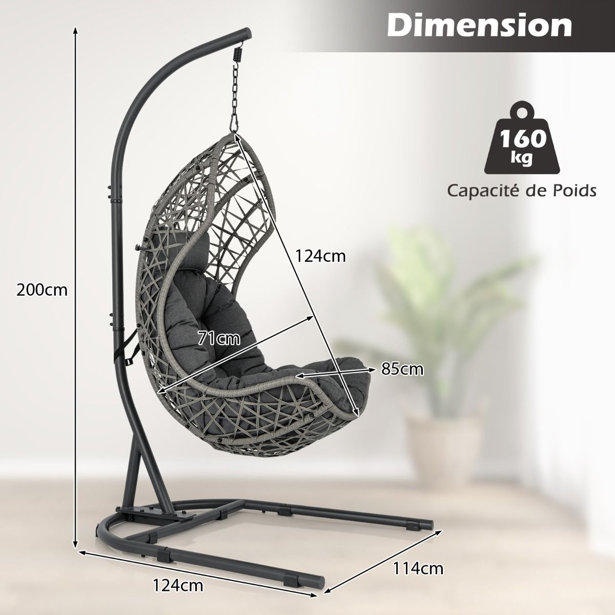 PE Rattan Egg Chair with Stand with Pillow and Cushion Hanging Chair with Suspension Accessories Capacity 160 Kg Gray -