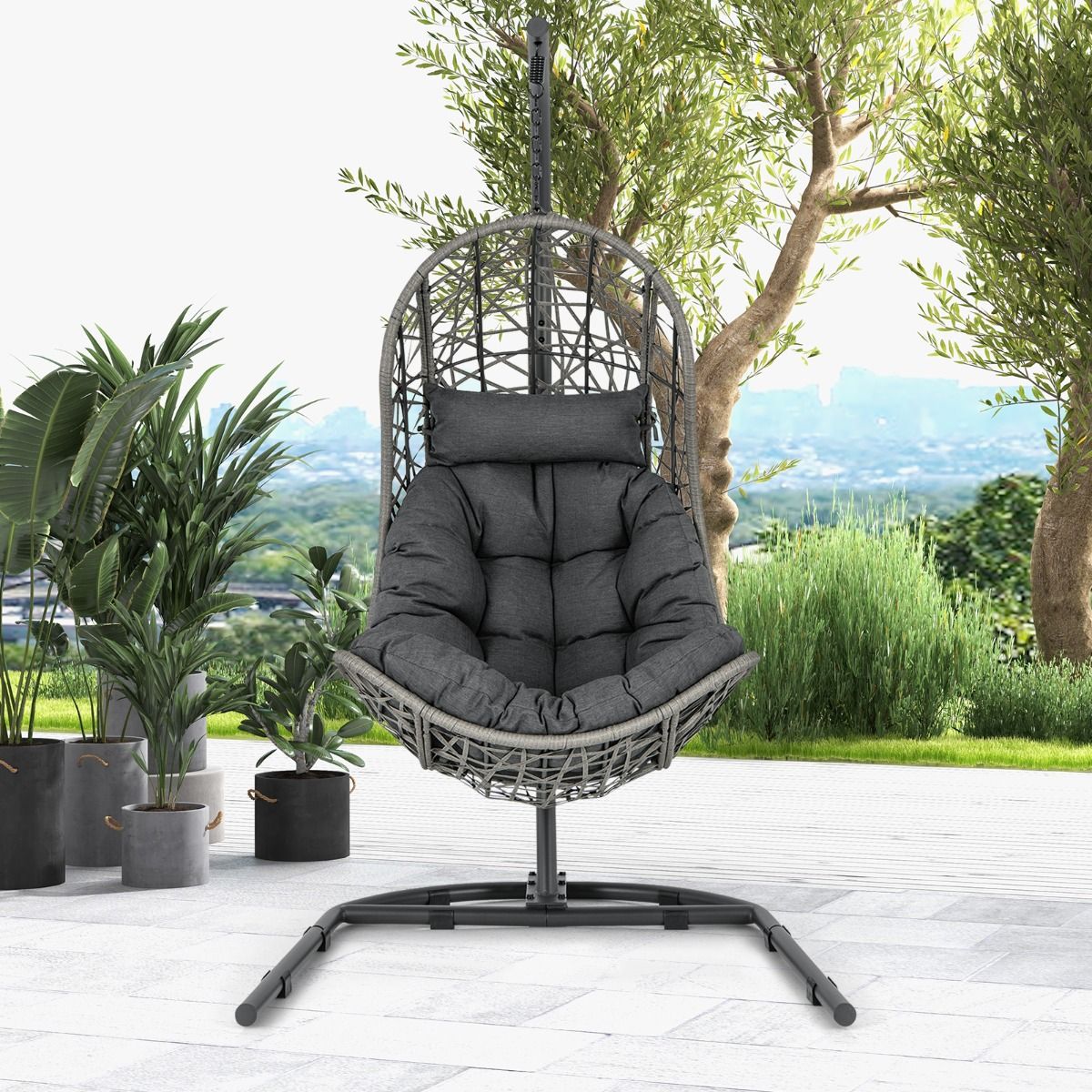 PE Rattan Egg Chair with Stand with Pillow and Cushion Hanging Chair with Suspension Accessories Capacity 160 Kg Gray -
