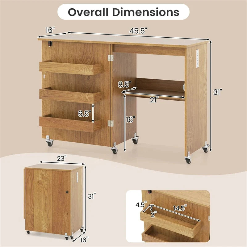 Folding Sewing Table with Charging Station, Rolling Craft Table w/ 3 Storage Trays & Shelf - Product image 39