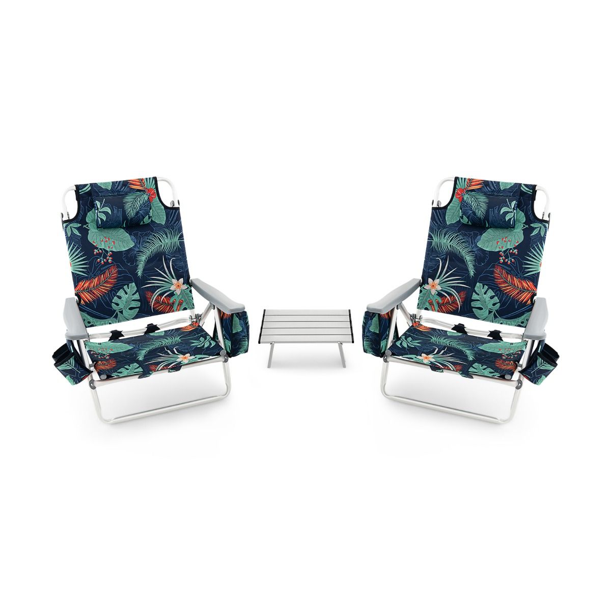 Set of 2 Folding Beach Camping Chairs Aluminum Roll-Up Table Headrest Adjustable Backrest in 5 Positions 6 Colors to Choose From -