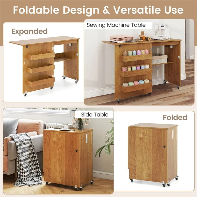 Folding Sewing Table with Charging Station, Rolling Craft Table w/ 3 Storage Trays & Shelf - Product image 42
