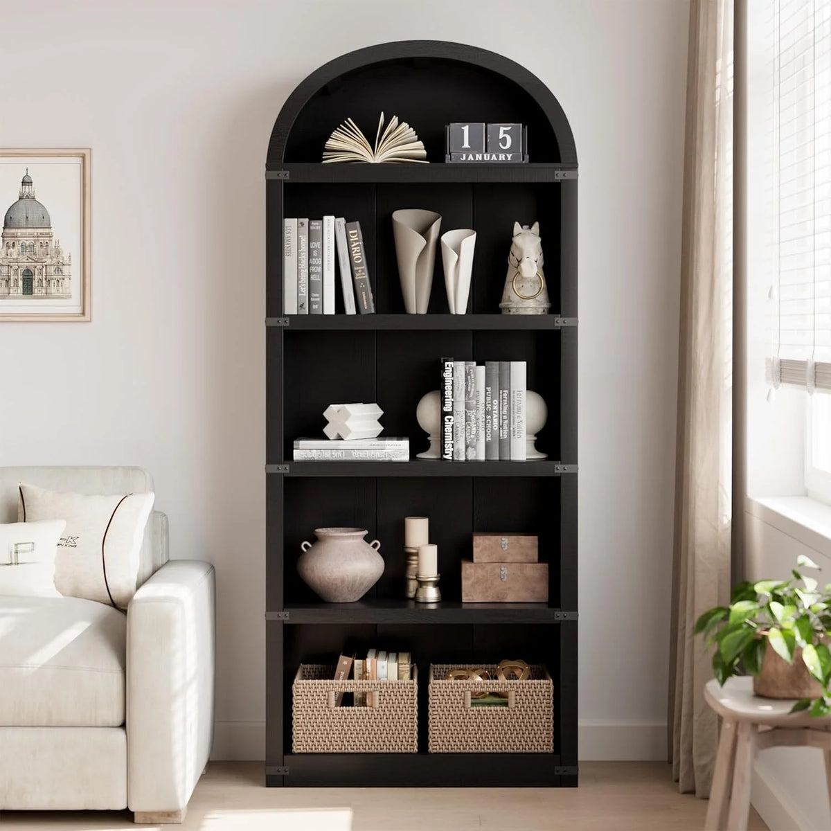 Bookcase 5 Shelf Arched Bookshelf 71.65in Tall Bookcase Farmhouse Display Storage Rack Wooden Bookshelves - Product image 17