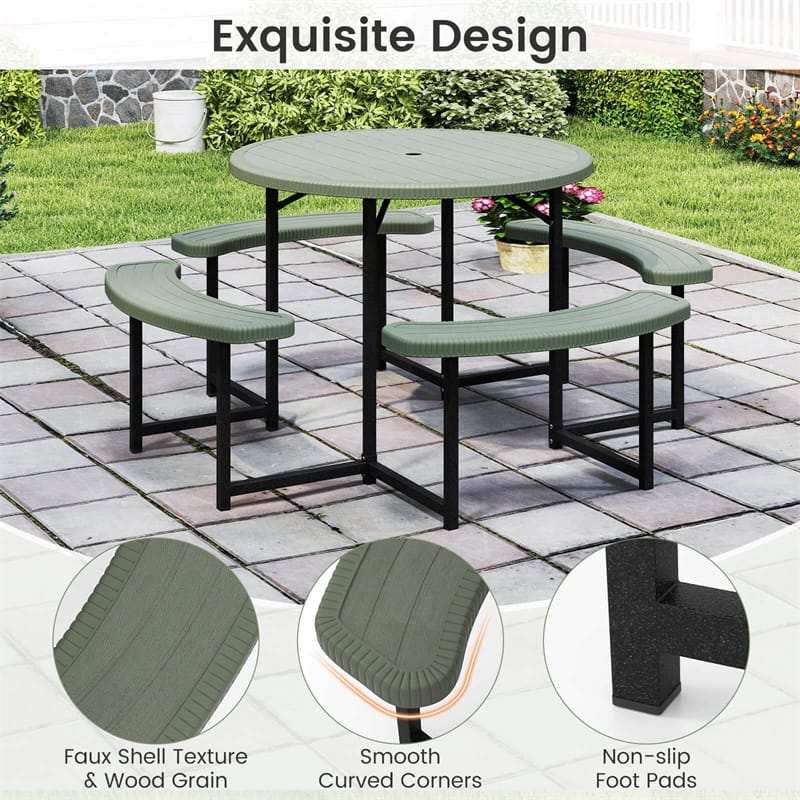 8 Person Round Outdoor Picnic Table Bench Set with Umbrella Hole, All-Weather HDPE Tabletop & Metal Frame - Product image 17