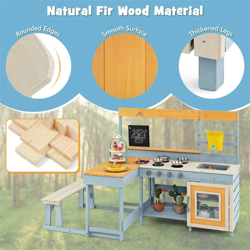 2-in-1 Mud Kitchen & Kids Picnic Table Built-in Bench, Fir Wood Outdoor Play Kitchen Playset with - Product image 6