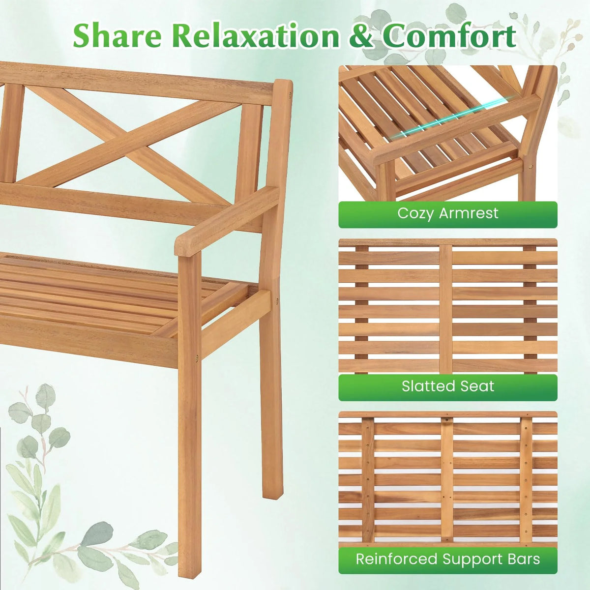Tangkula Acacia Wood Outdoor Loveseat Bench 2-Person Patio Garden Bench - Product image 6