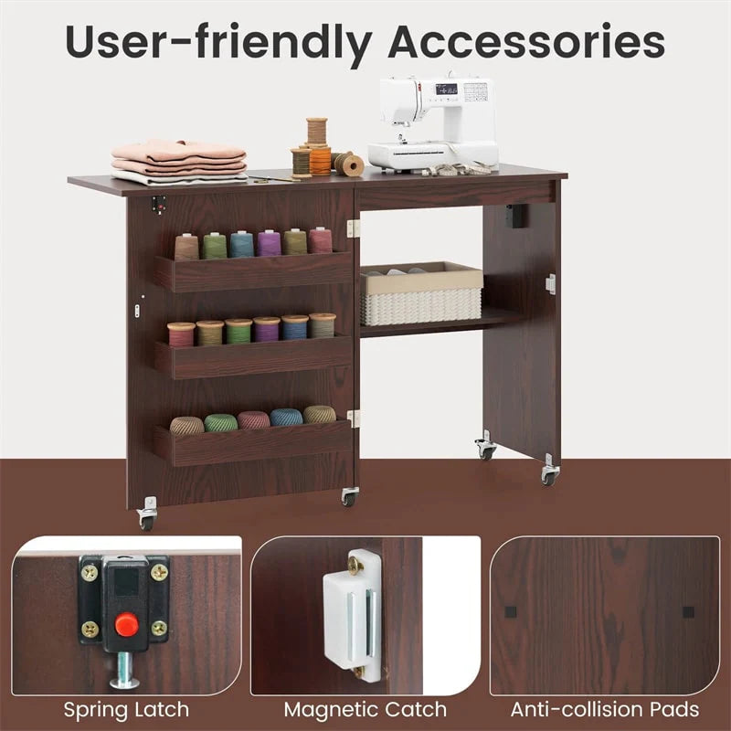 Folding Sewing Table with Charging Station, Rolling Craft Table w/ 3 Storage Trays & Shelf - Product image 19