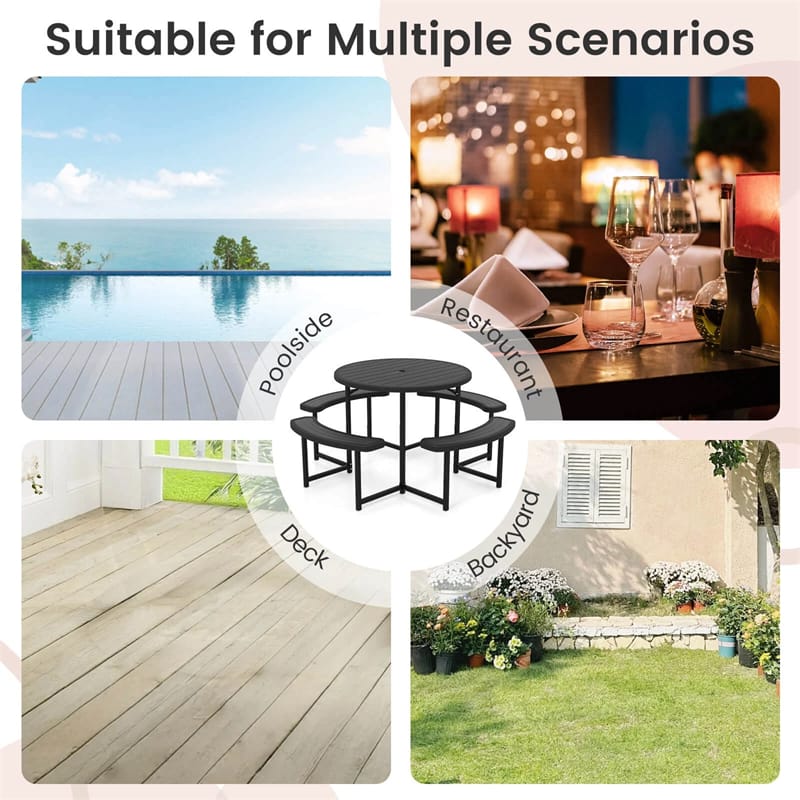 8 Person Round Outdoor Picnic Table Bench Set with Umbrella Hole, All-Weather HDPE Tabletop & Metal Frame - Product image 9