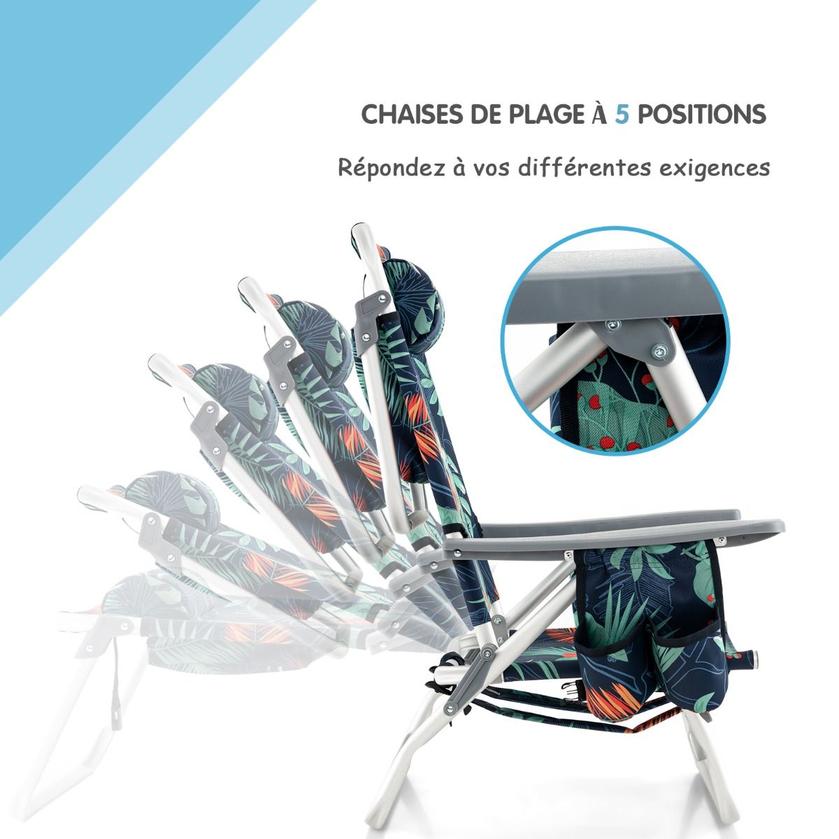 Set of 2 Folding Beach Camping Chairs Aluminum Roll-Up Table Headrest Adjustable Backrest in 5 Positions 6 Colors to Choose From -