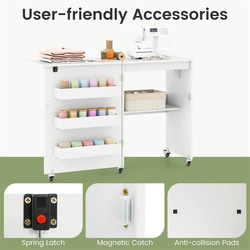Folding Sewing Table with Charging Station, Rolling Craft Table w/ 3 Storage Trays & Shelf - Product image 29