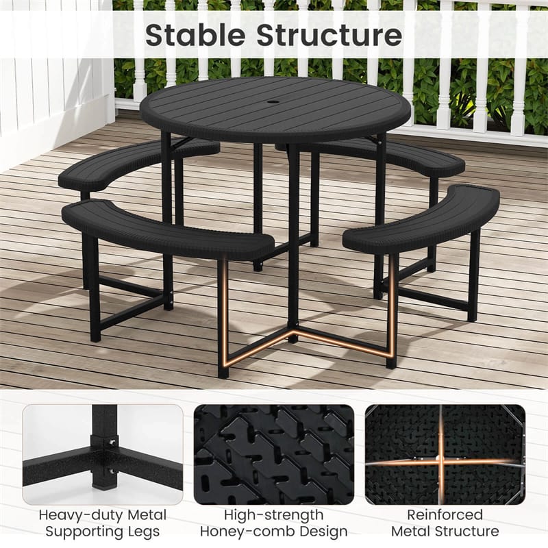 8 Person Round Outdoor Picnic Table Bench Set with Umbrella Hole, All-Weather HDPE Tabletop & Metal Frame - Product image 5