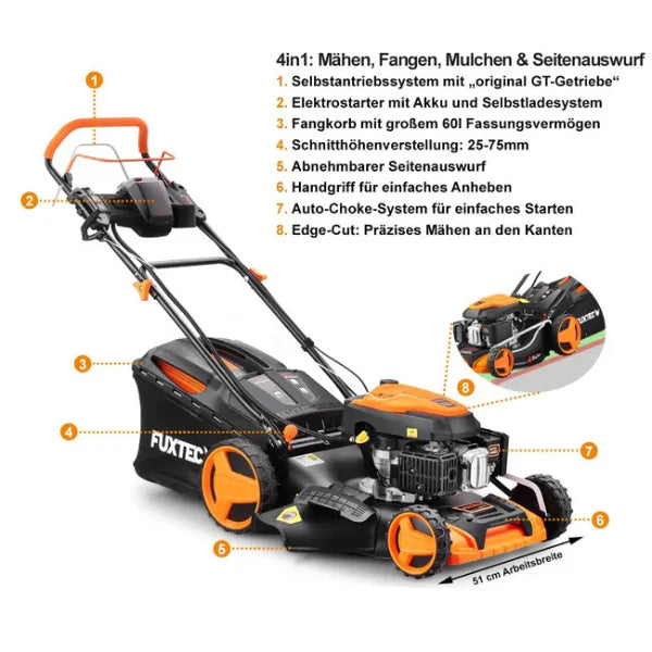Self-propelled thermal mower with electric start, 196 cm, 51 cm - 6 HP, 60 L. -