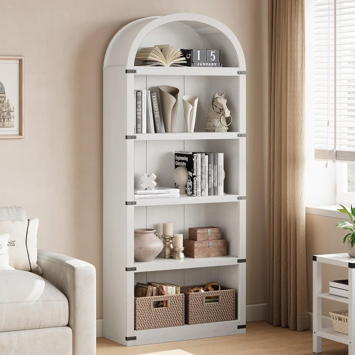 Bookcase 5 Shelf Arched Bookshelf 71.65in Tall Bookcase Farmhouse Display Storage Rack Wooden Bookshelves - Product image 1