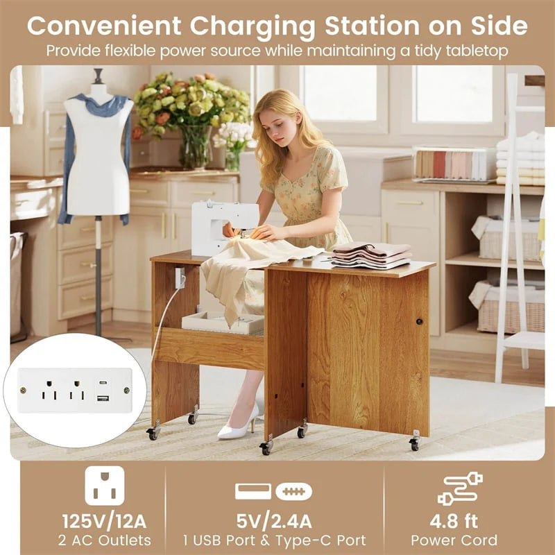 Folding Sewing Table with Charging Station, Rolling Craft Table w/ 3 Storage Trays & Shelf - Product image 40