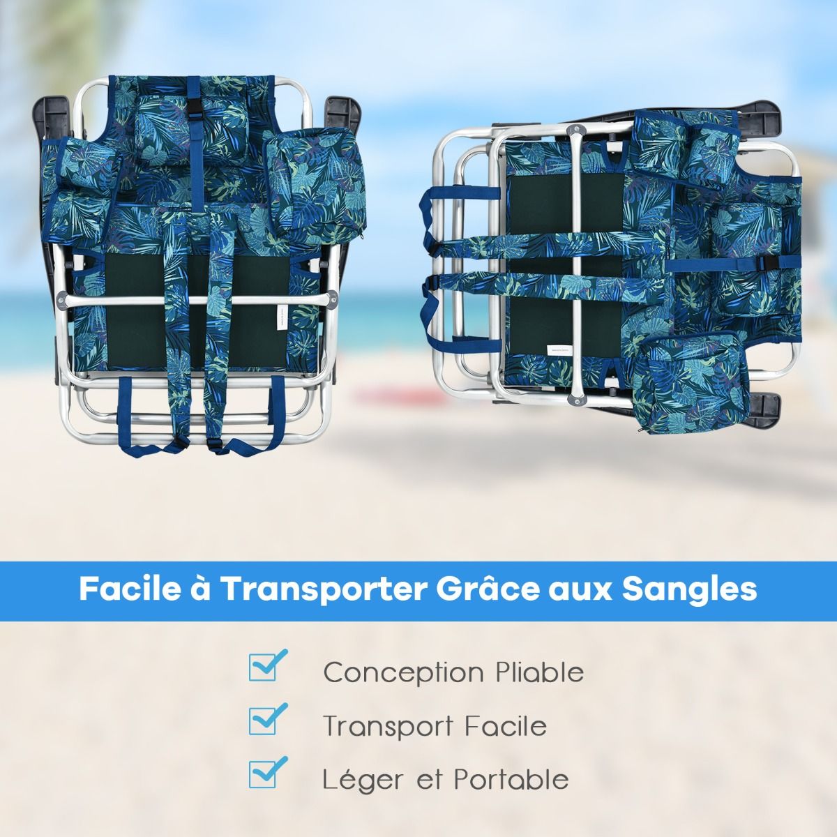Set of 2 Folding Beach Camping Chairs Aluminum Roll-Up Table Headrest Adjustable Backrest in 5 Positions 6 Colors to Choose From -