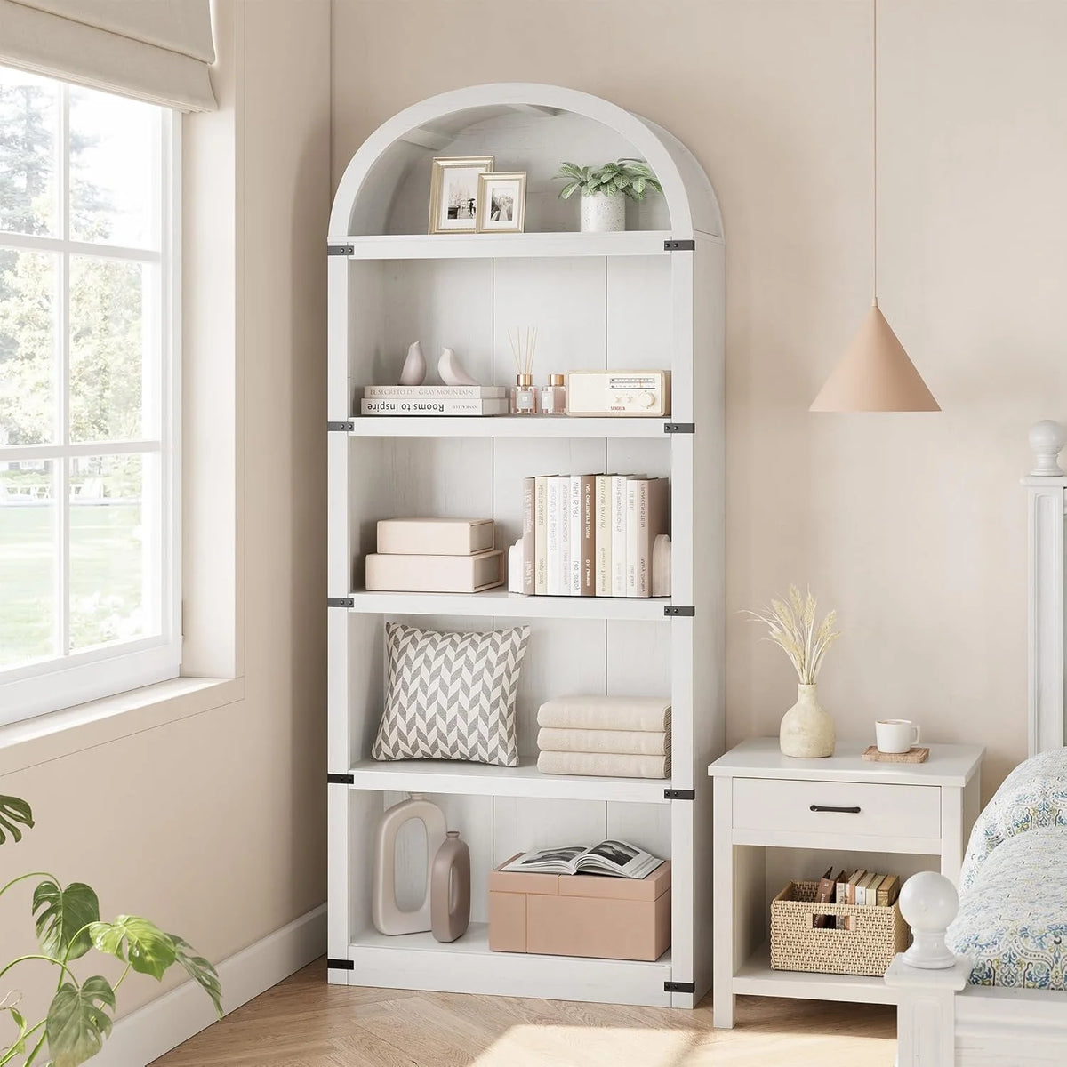 Bookcase 5 Shelf Arched Bookshelf 71.65in Tall Bookcase Farmhouse Display Storage Rack Wooden Bookshelves - Product image 9