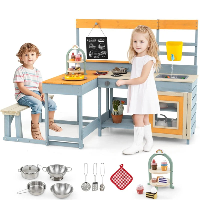 2-in-1 Mud Kitchen & Kids Picnic Table Built-in Bench, Fir Wood Outdoor Play Kitchen Playset with - Product image 12