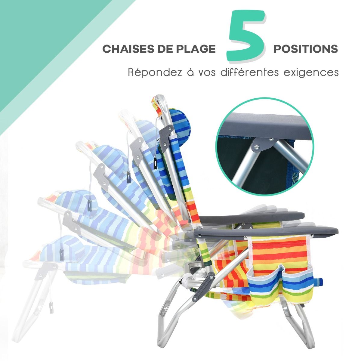 Set of 2 Folding Beach Camping Chairs Aluminum Roll-Up Table Headrest Adjustable Backrest in 5 Positions 6 Colors to Choose From -