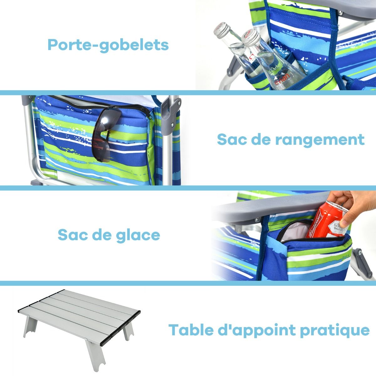 Set of 2 Folding Beach Camping Chairs Aluminum Roll-Up Table Headrest Adjustable Backrest in 5 Positions 6 Colors to Choose From -