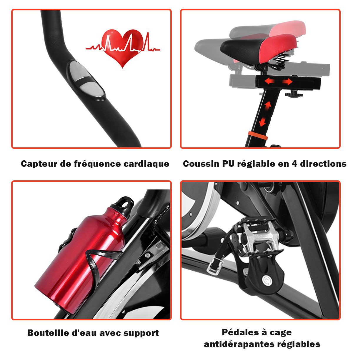 Exercise Bike Silent Bike with Belt and 10kg Iron Flywheel Handlebar and Adjustable Saddle Black + Red -