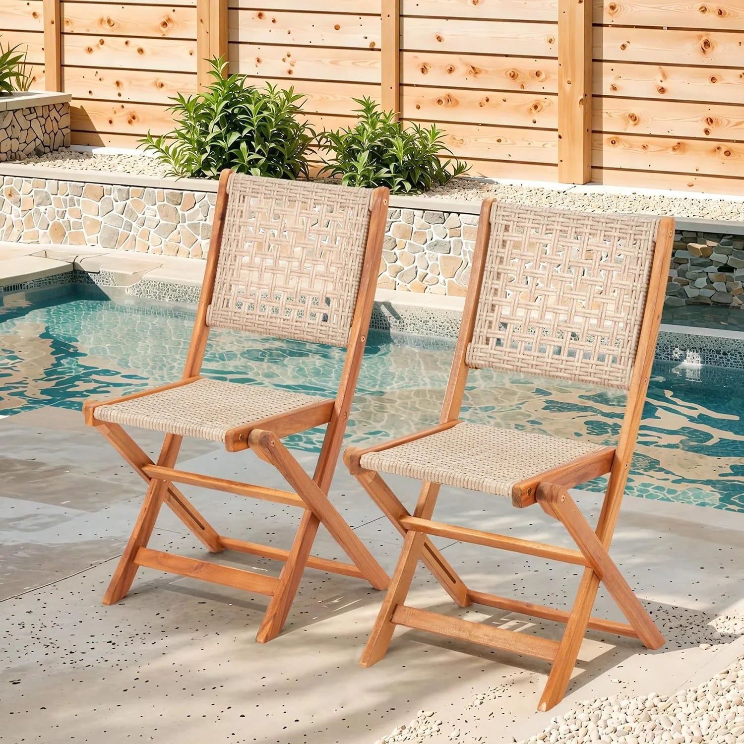 AECOJOY Outdoor Folding Chairs Set of 2, Wooden Patio Dining Chairs with High Back - Product image 2