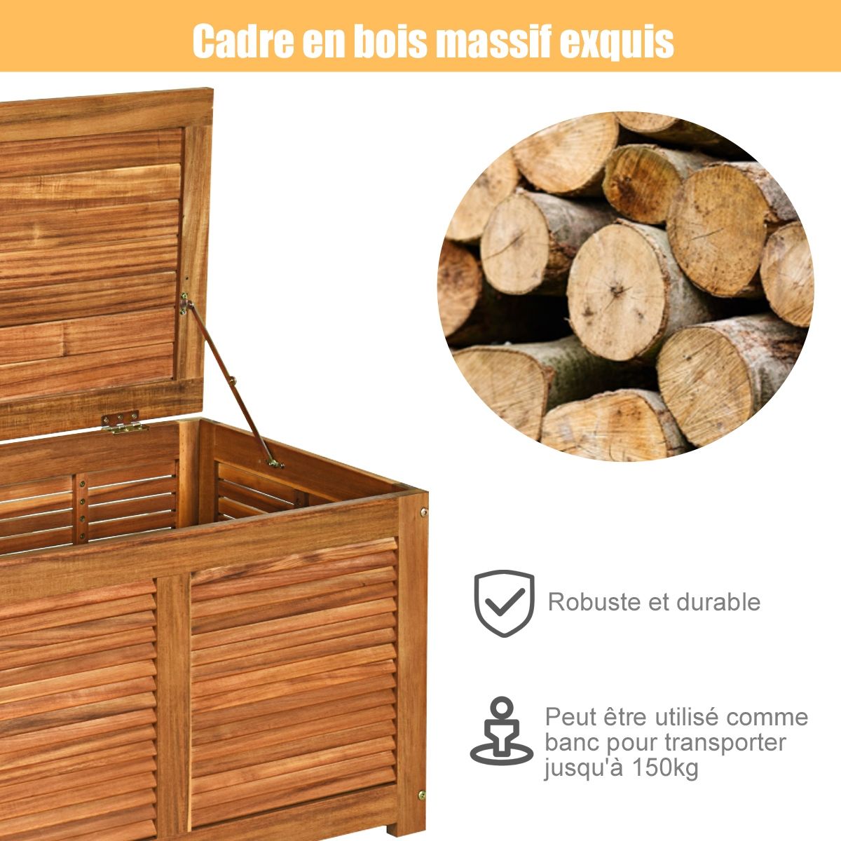 Acacia Wood Trunk Storage Box 120 x 45 x 45 cm Max Load 150KG for Terrace Garden or Courtyard Nature -