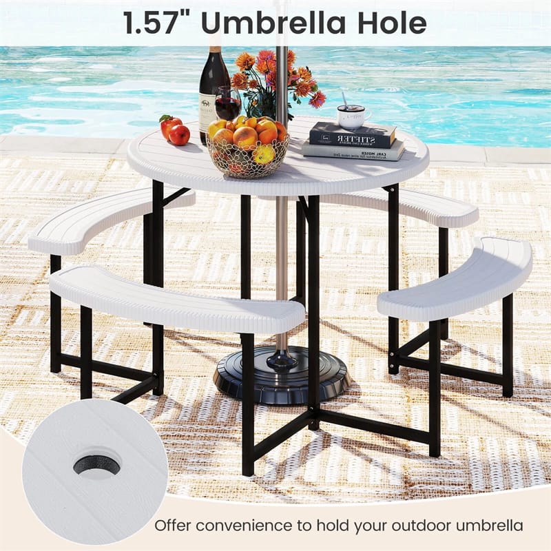 8 Person Round Outdoor Picnic Table Bench Set with Umbrella Hole, All-Weather HDPE Tabletop & Metal Frame - Product image 37