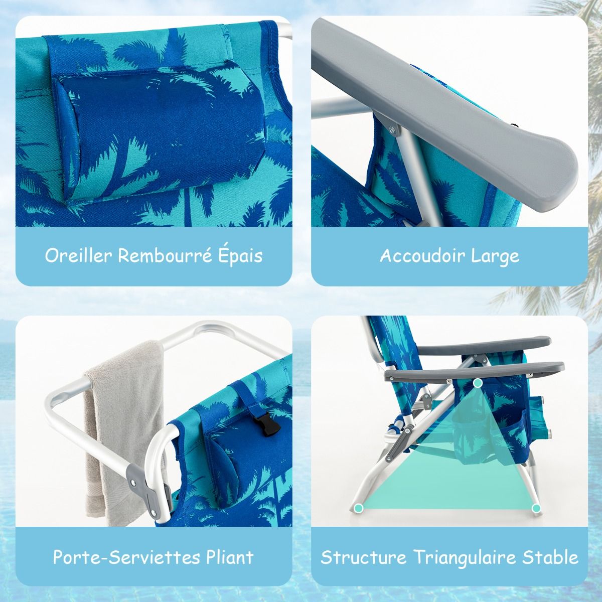 Set of 2 Folding Beach Camping Chairs Aluminum Roll-Up Table Headrest Adjustable Backrest in 5 Positions 6 Colors to Choose From -