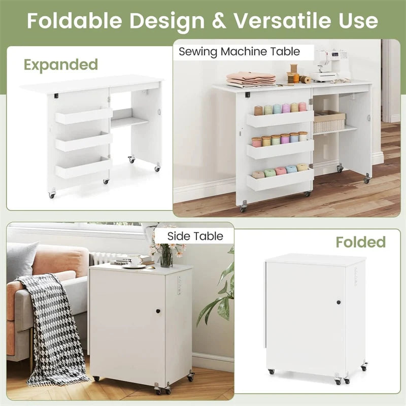 Folding Sewing Table with Charging Station, Rolling Craft Table w/ 3 Storage Trays & Shelf - Product image 31