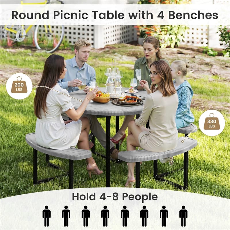 8 Person Round Outdoor Picnic Table Bench Set with Umbrella Hole, All-Weather HDPE Tabletop & Metal Frame - Product image 24
