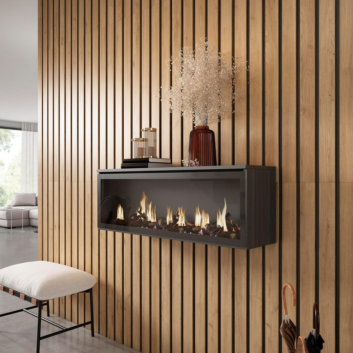 SKRAUT HOME | LED electric fireplace | Flame Effect | 107x38x25cm | Living room - Dining room | Decorative | Modern Style | Blacks