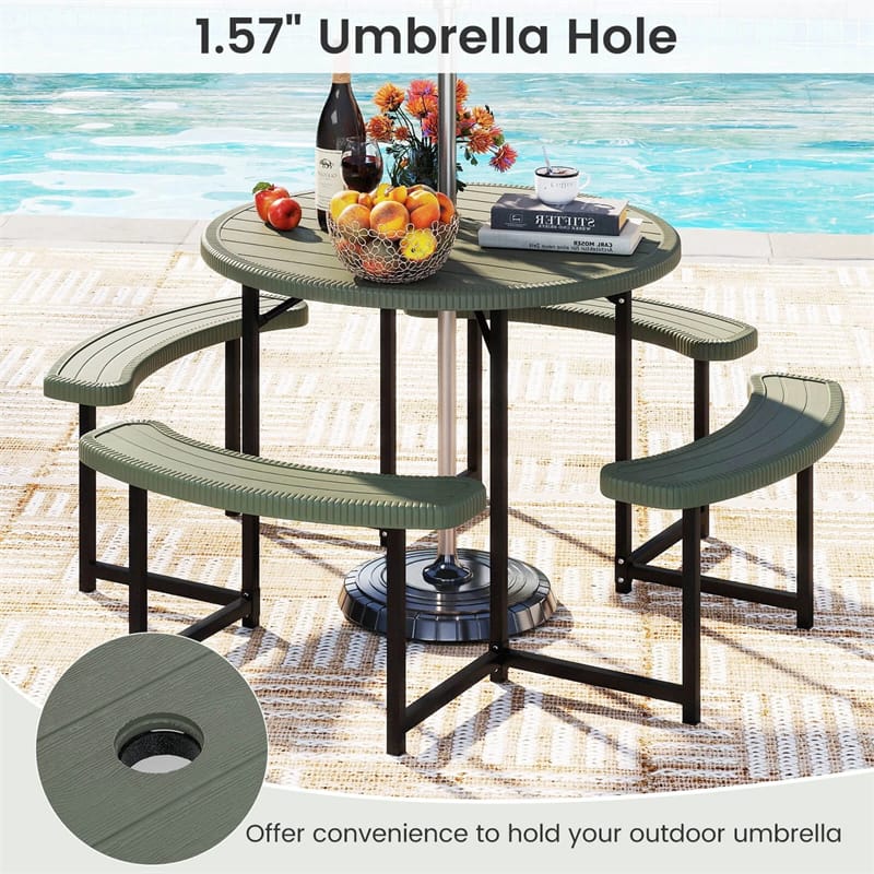 8 Person Round Outdoor Picnic Table Bench Set with Umbrella Hole, All-Weather HDPE Tabletop & Metal Frame - Product image 16