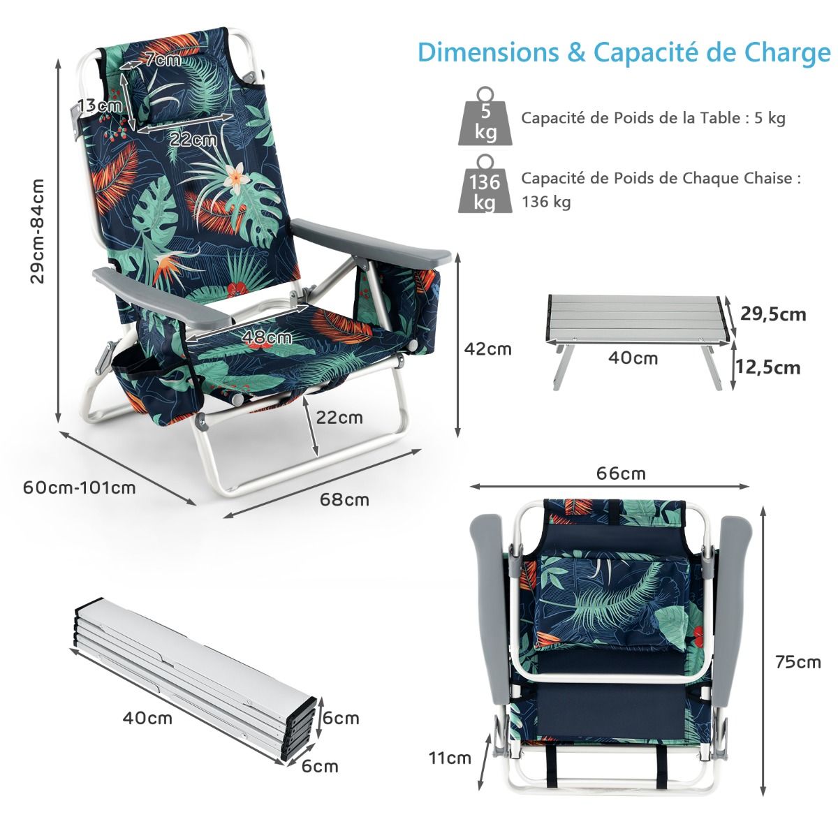 Set of 2 Folding Beach Camping Chairs Aluminum Roll-Up Table Headrest Adjustable Backrest in 5 Positions 6 Colors to Choose From -