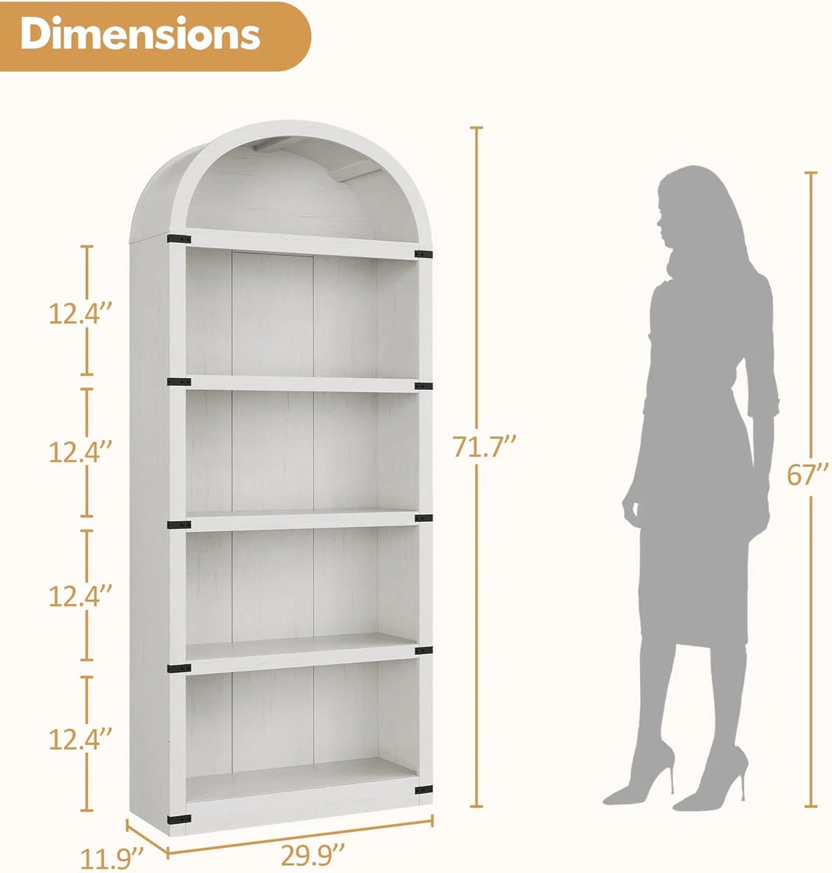 Bookcase 5 Shelf Arched Bookshelf 71.65in Tall Bookcase Farmhouse Display Storage Rack Wooden Bookshelves - Product image 2