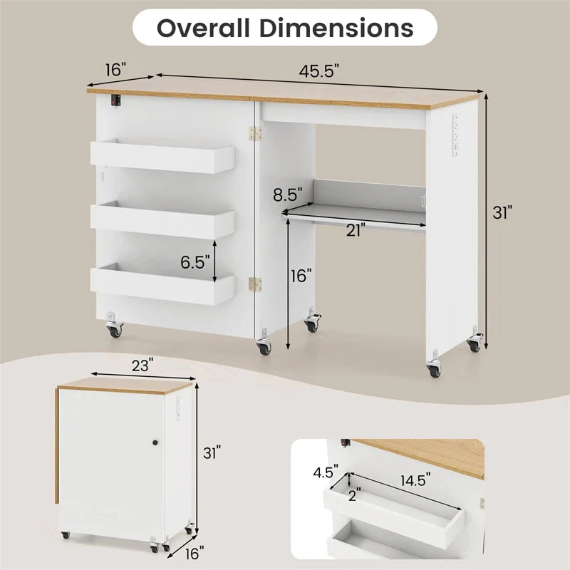 Folding Sewing Table with Charging Station, Rolling Craft Table w/ 3 Storage Trays & Shelf - Product image 5