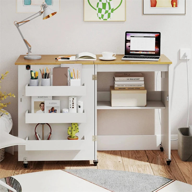 Folding Sewing Table with Charging Station, Rolling Craft Table w/ 3 Storage Trays & Shelf - Product image 2