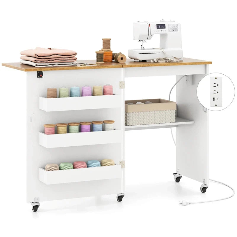 Folding Sewing Table with Charging Station, Rolling Craft Table w/ 3 Storage Trays & Shelf - Product image 12